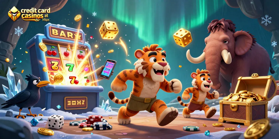 Experience the fun at credit card casinos at https: with our unique caveman-themed illustration featuring slots and gaming elements.