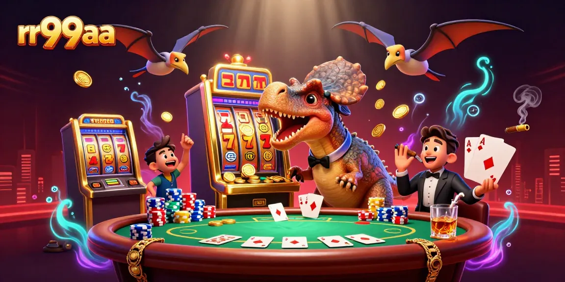 rr99aa players hitting the jackpot at a vibrant casino scene with exciting slot machines and animated characters