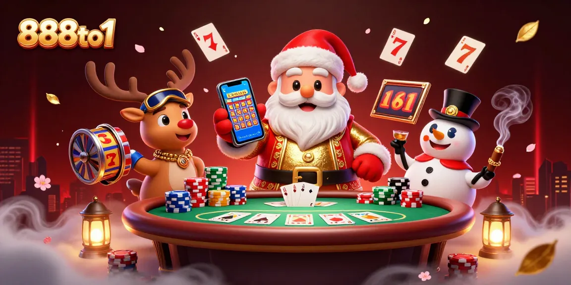 Experience exciting gameplay with 888to1 as Santa and friends reveal jackpot slots and poker chips.