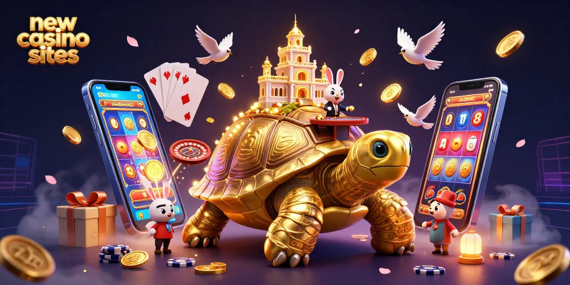 Play exciting games at new casino sites featuring a tortoise and dealer in colorful 3D scene.
