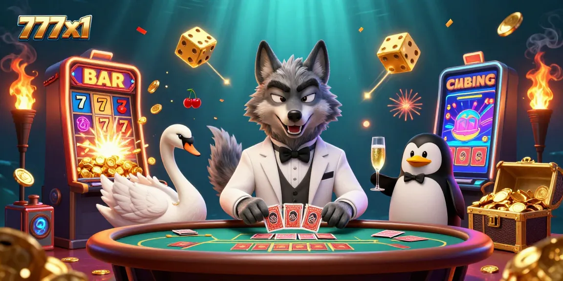 Engage with exciting game opportunities at 777x1 featuring 3D characters at a bustling baccarat table.