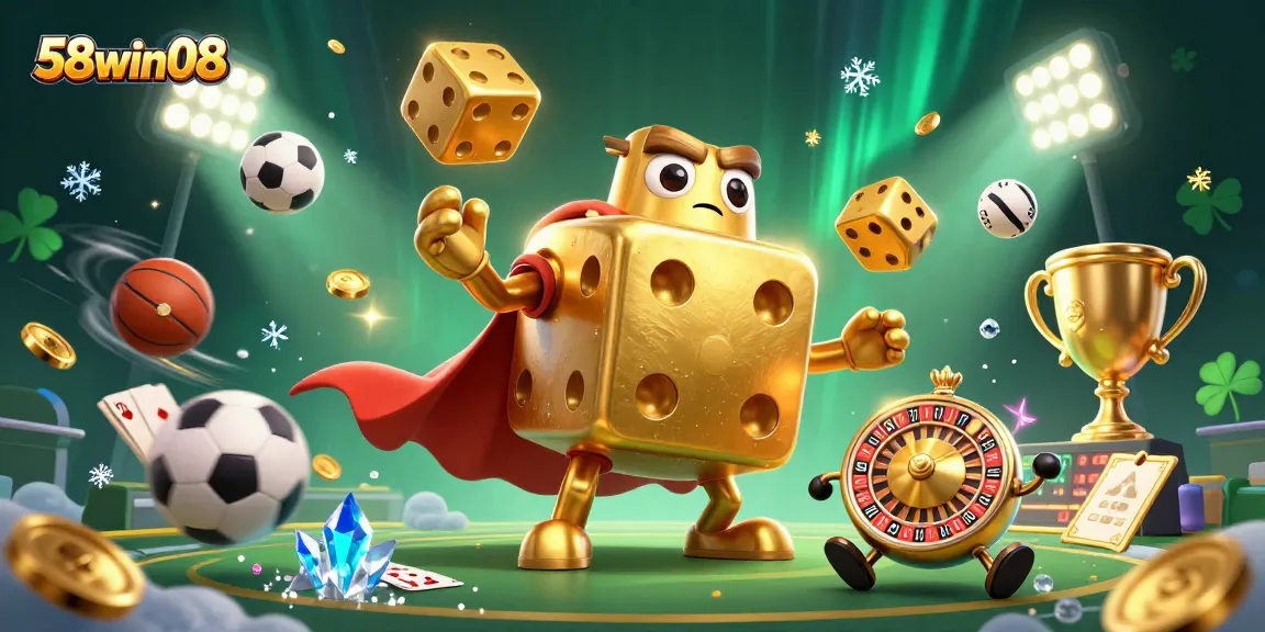 Experience thrilling gaming at 58win08 with golden dice, sports balls, and vibrant casino elements.