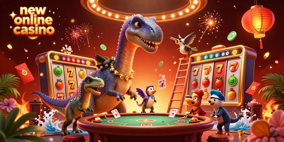 Experience the excitement of a new online casino with a playful scene featuring a brontosaurus and a raptor dealing cards.